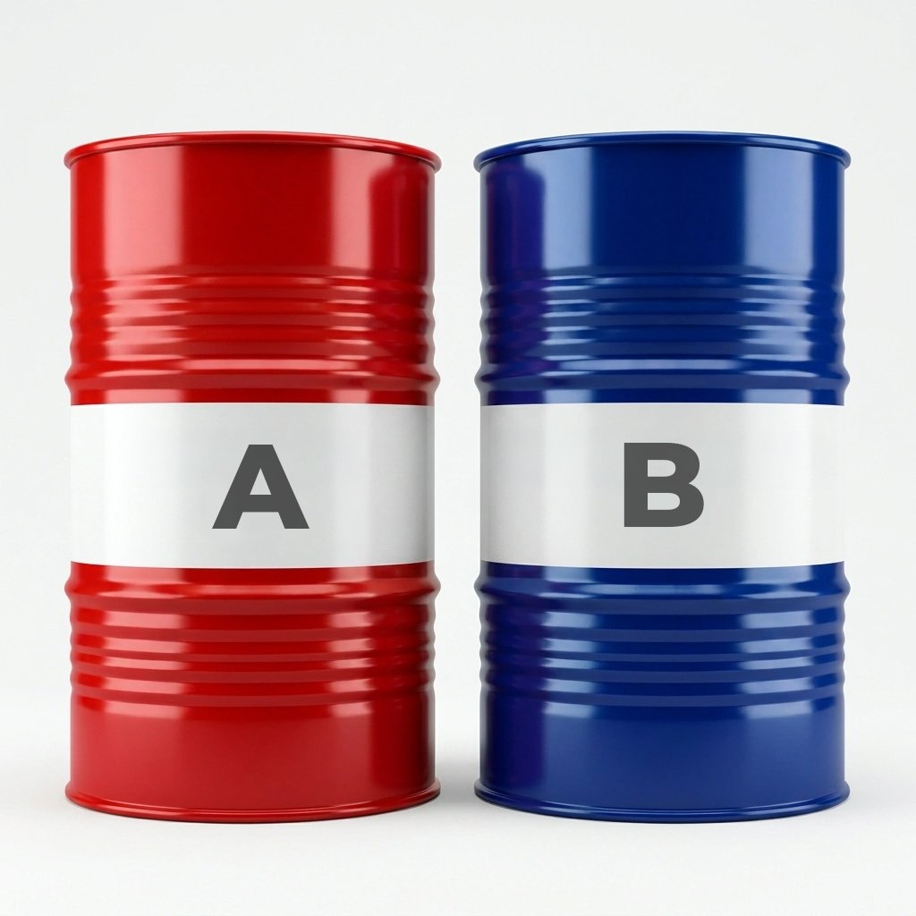 Red Part A isocyanate drum and blue Part B polyol drum for polyurethane foaming